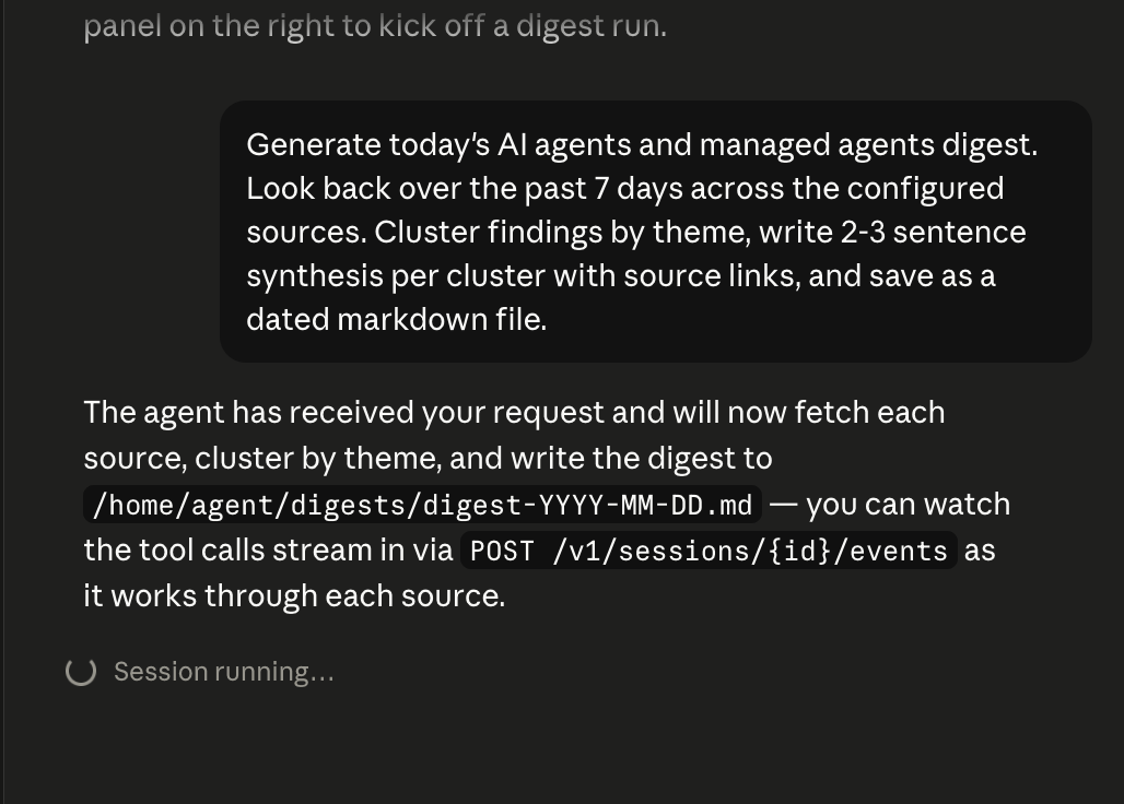 Console пишет «Session running...» — а в реальности агент ничего не делает, событие user.message не отправлено